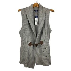 Chaps Womens Showl Sweater Vest Gray Cable Knit Brown Toggle Size Large NWT